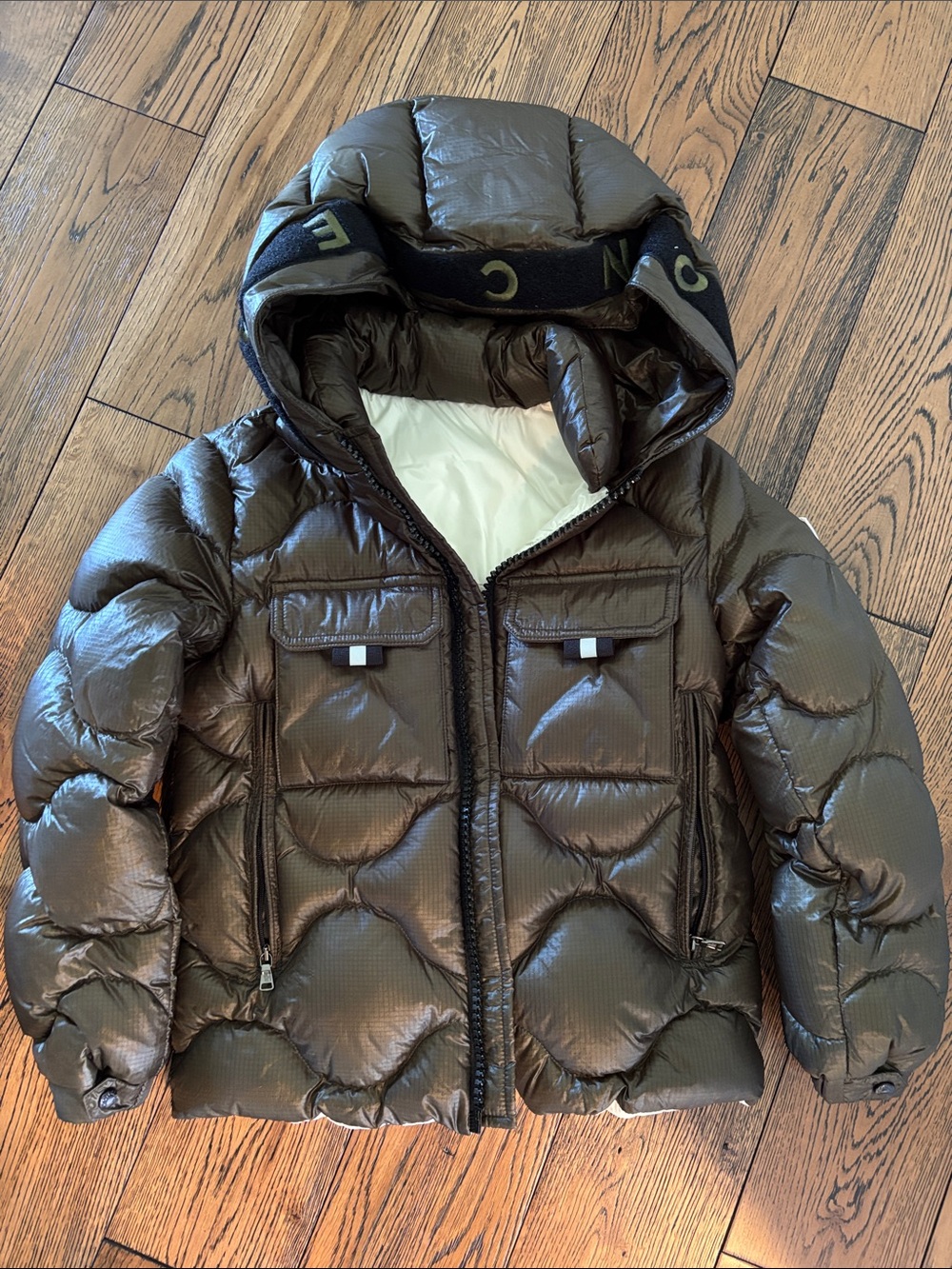 Moncler Shiny Dark Brown Kids Hooded Puffer Jacket